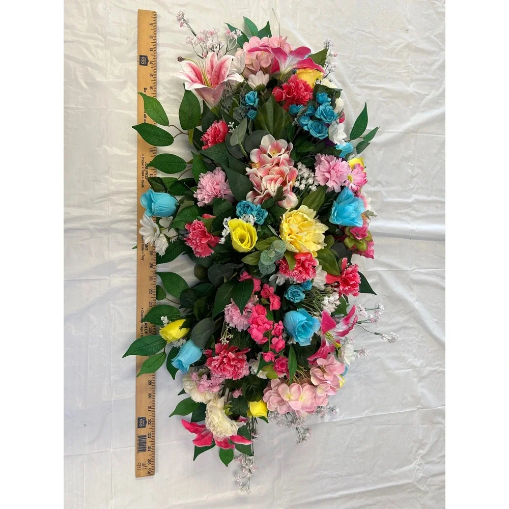 Multi Color Floral Saddle Cemetery Headstone Spray Faux Lilies Roses 34 Inch